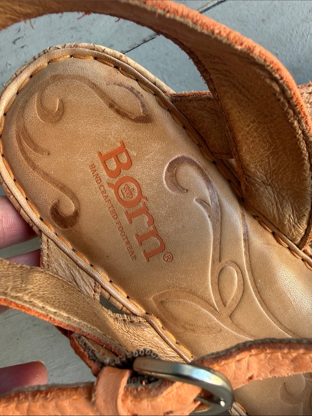 100% Leather Upper EUC Born Orange Leather Cork Wedge Sandals - Picture 2 of 6